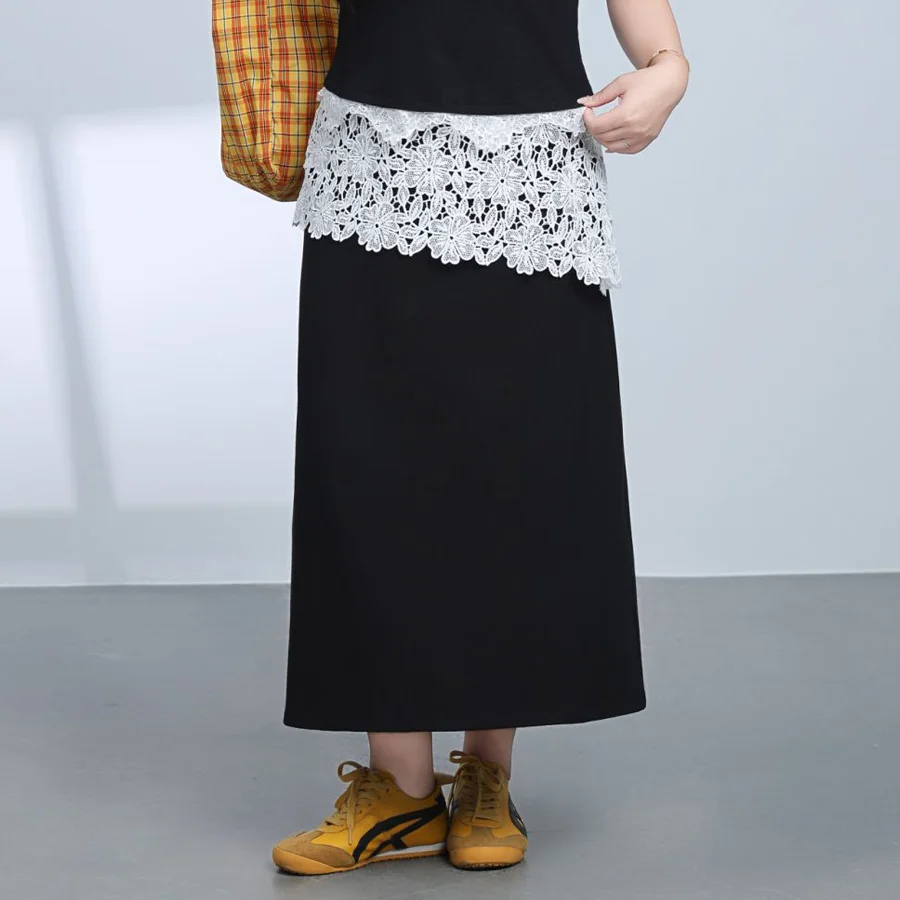 Lace Patchwork Cover The Hips A-Line Skirt Plus Size Women's Premium Chic Bohemian Woven Back Slit Skirt