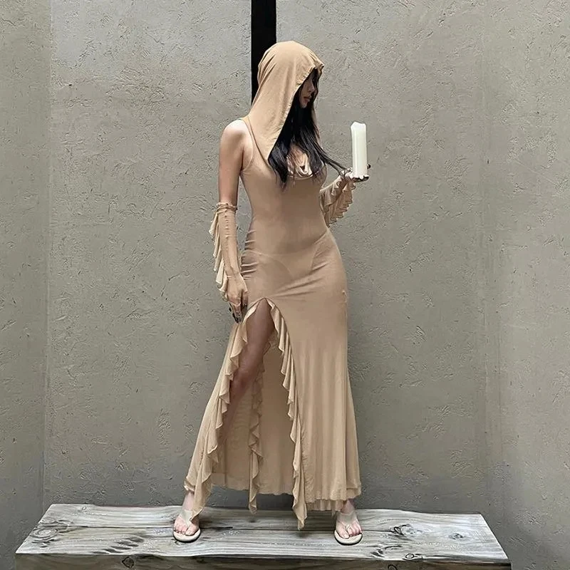 

Supermodel Slim Temperament Hooded Dress Female Sexy Split Long Mesh Dress Wandering Doomsday Wasteland Sheer Dresses Punk Party