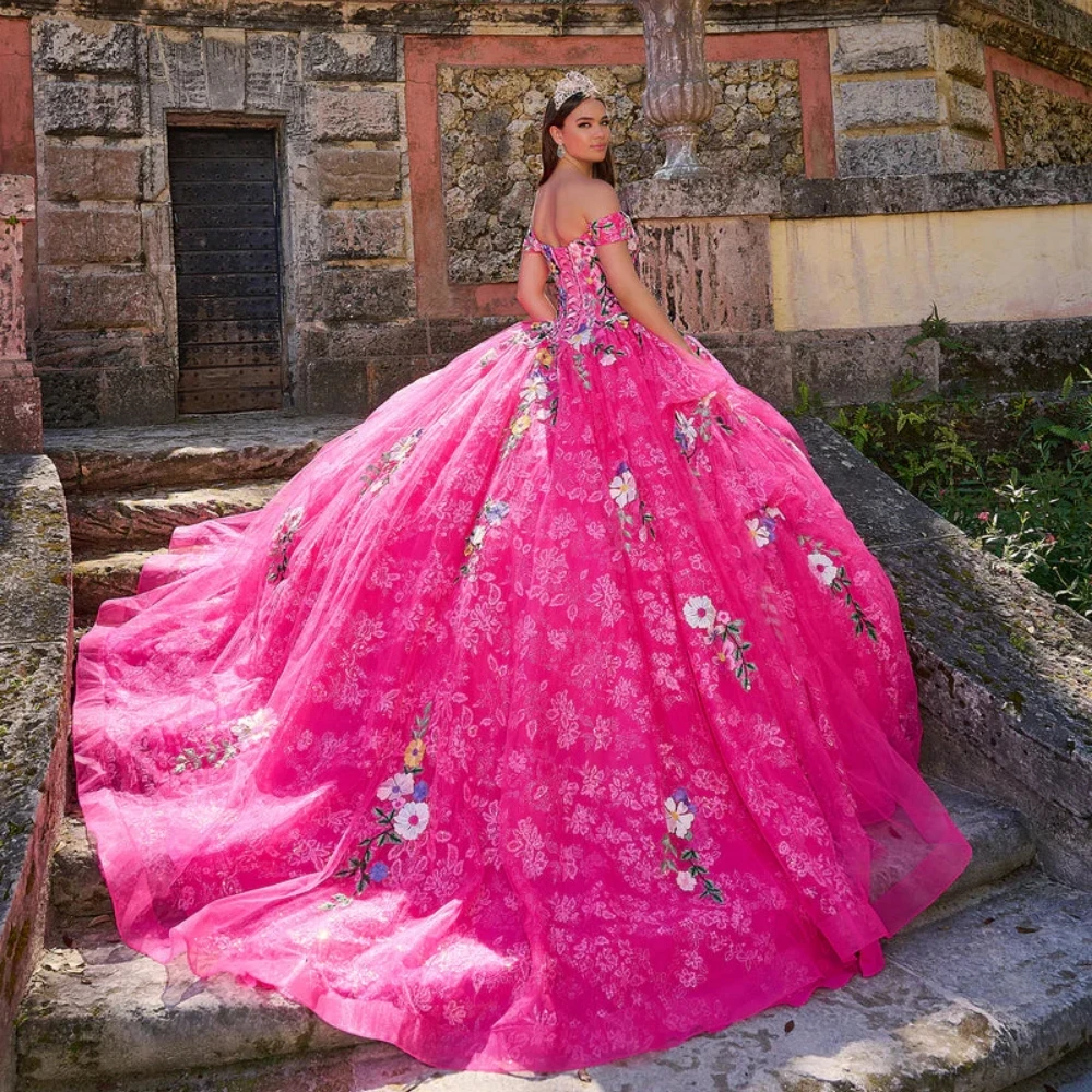 Colorful Flowers Chic Ball Gown Quinceanera Dress Shiny 15 16 Birthday Lace Up No Gloves Evening Dress Sweet Party