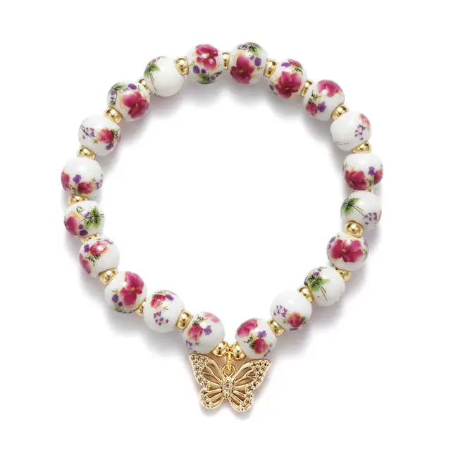 Atiptu Beaded Bracelet For Women - Vintage Blue Ceramic Bow Bracelet With Gold Cross & Pearls