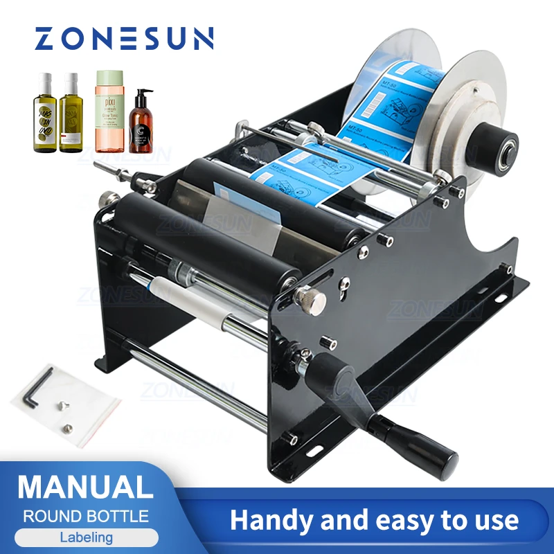 ZONESUN Manual Labeling Machine Round Beer Cans Water Wine label Sticker labelling Jar Plastic Bottle applicator ZS-50