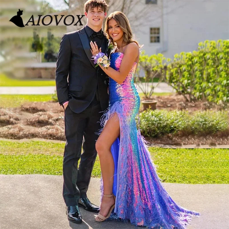 

AIOVOX Prom Dress Ruched Sequin Lace-up Back Evening Gown Elegant Feather High Slit Floor-length Vestido De Noche for Women
