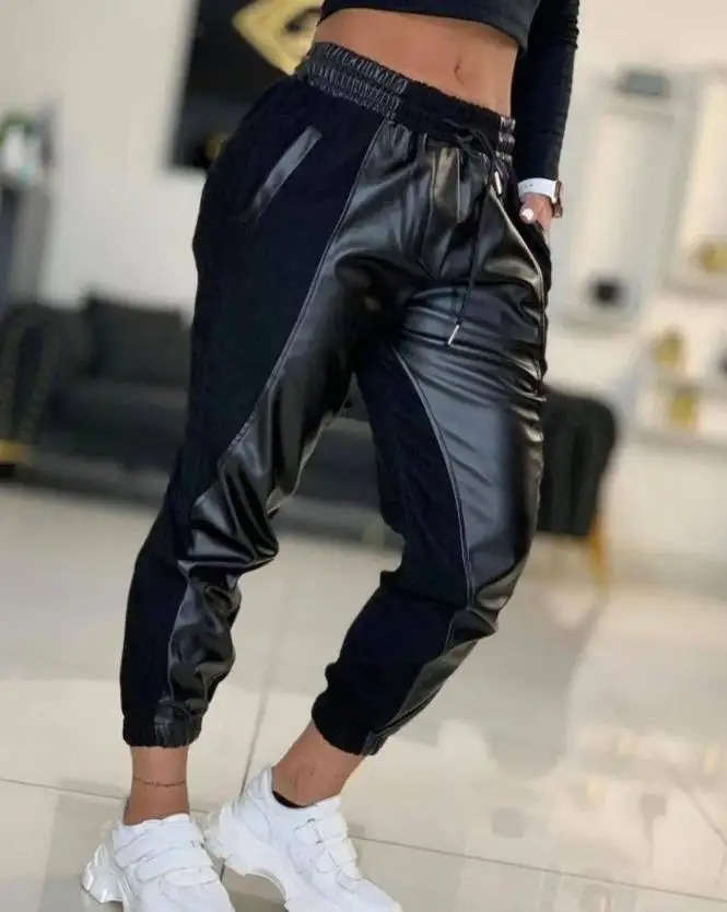

Women's Pants 2022 Summer Fashion Contrast Pu Leather Casual Plain Drawstring Pocket Design Long Cuffed Pants