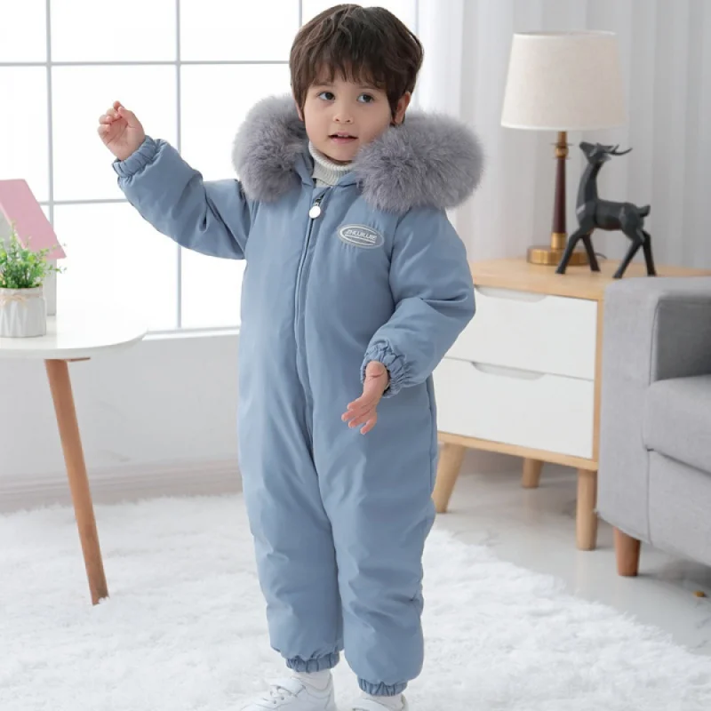 

off-Season Clearance Baby down Jacket Jumpsuit 0-3 Years Old Newborn Rompers Winter Clothing Coat Thickened Big Fur Collar Fashi