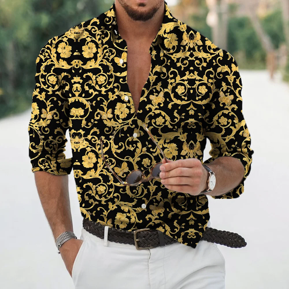 thumbnail image 1 of Camisa de manga larga informal con cuello vuelto y estampado de estilo lujoso para hombre, ropa de calle de moda, tops de tendencia, ropa para hombre, 1 of 4