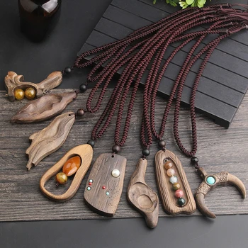 Vintage Long Sweater Chain Necklace Women's Ethnic Style Simple Sandalwood Handmade Wooden Pendants Clothing Accessories 1