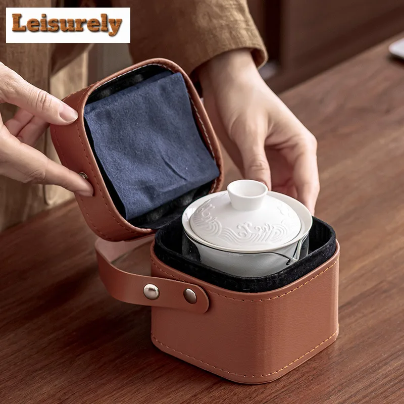 Zen Wave Covered Bowl Portable Travel Tea Set Kit  1 Pot 2 Cups Tea Making Glass Mugs Tea Set Stock Bags Accessories Ornaments