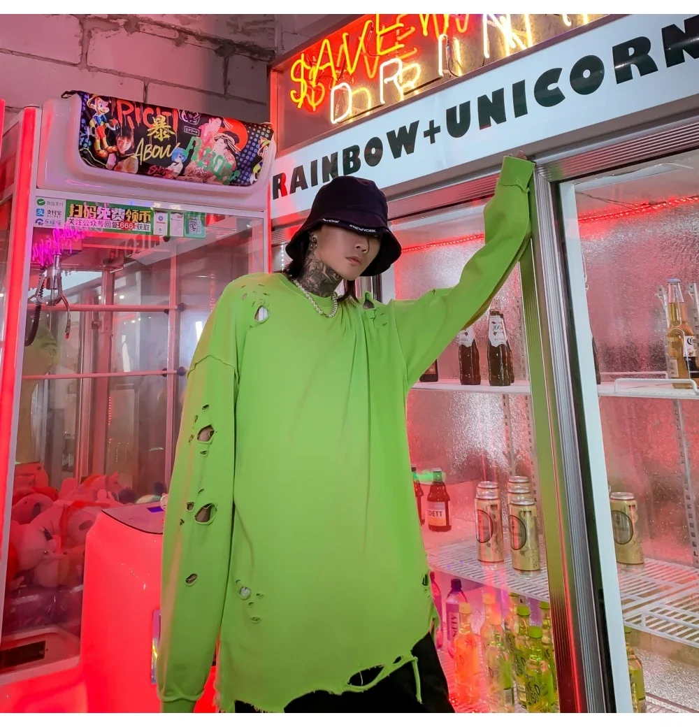 Camisolas rasgadas de manga comprida para homens e mulheres, pulôveres de ombro, streetwear com buracos rasgados, roupas grunge, sloth tops, primavera