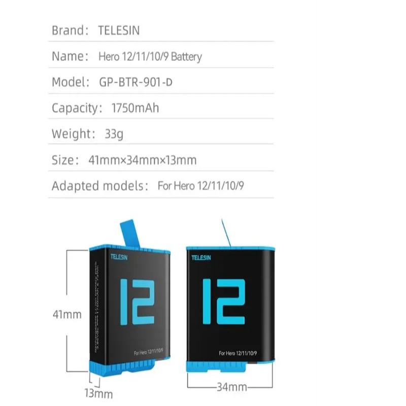 TELESIN Battery 1750mAh Replacement for GoPro 5 6 7 8 9 10 11 12 Black Action Camera Accessories battery replacement