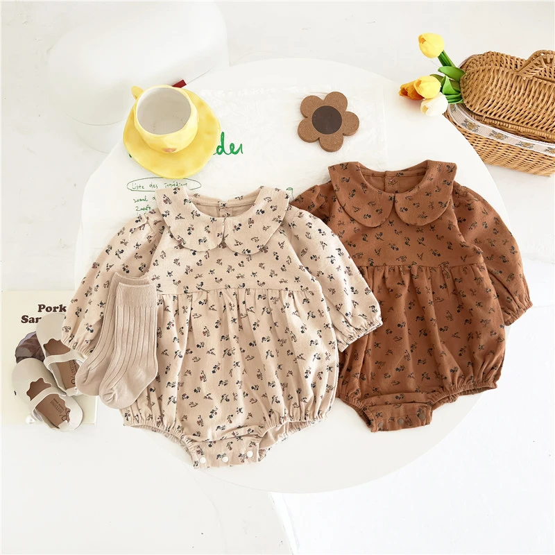 Newborn Baby Girl Corduroy Romper Floral Printed Peter Pan Collar