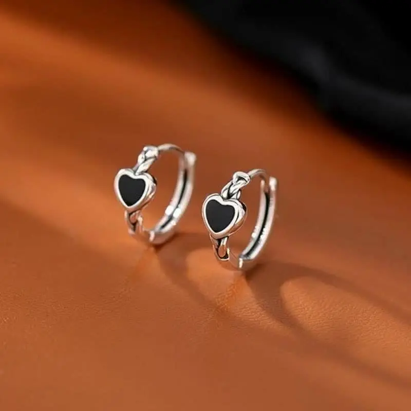925 Sterling Silver Black Heart hoop Earrings Temperament