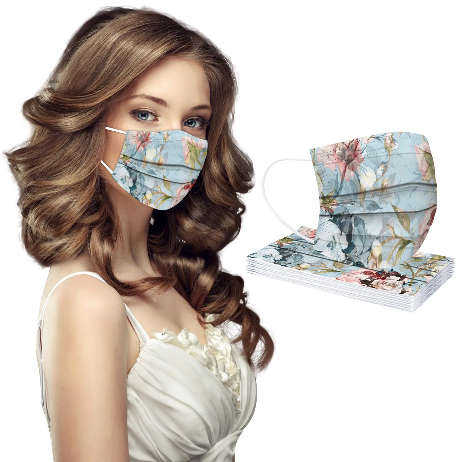 Adult Disposable Fashion Flower Floral Print Mask 50/100pcs Summer Three-layer Dustproof Hanging Ear Non-woven Mask