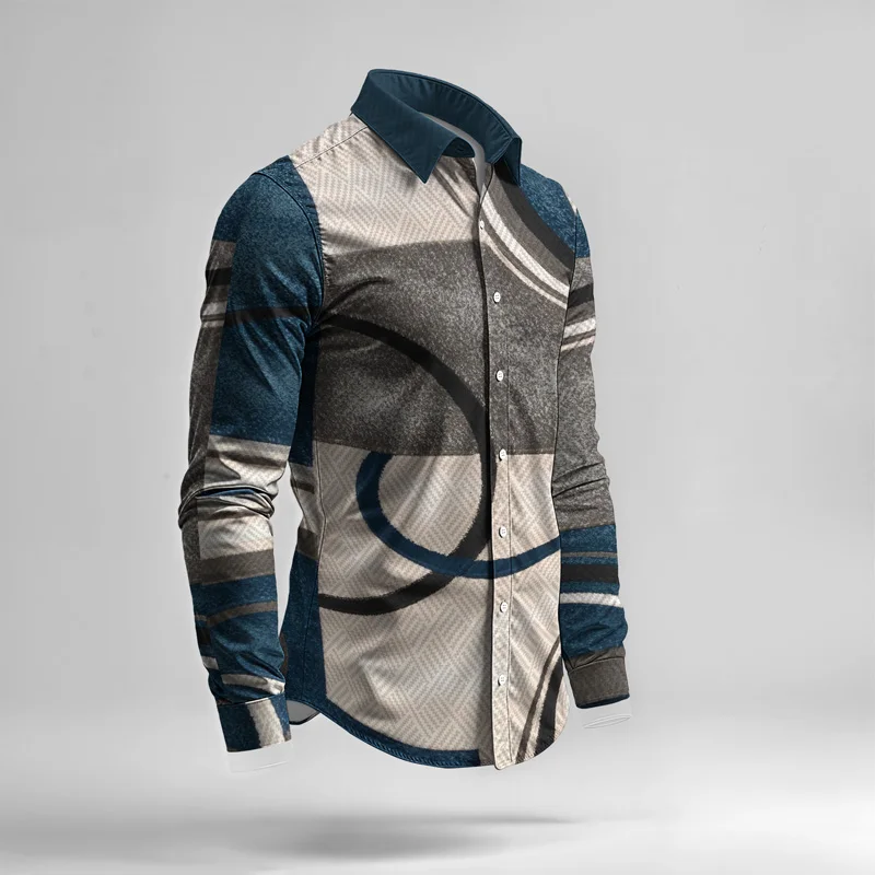 2025 Trendy Men Shirt Set Geometry Print Summer Fashion Simple Two Piece Set Mens Gradient Lightweight Party Long Sleeves Suit_voghion.com