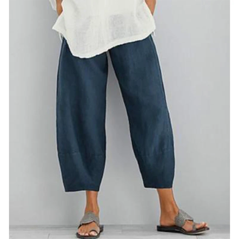 Women Cotton Linen Pants Loose Comfort Elastic Waist Harem Pants Vintage Solid Casual Pockets Wide Leg Trousers Cropped Pants