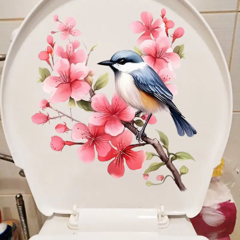 Hand-Painted Pink Flowers And Birds on Branches Toilet Bathroom Toilet Cover Sticker Wall Stickers Wc Home Decoration S218