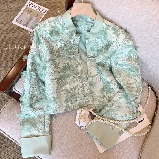 

Vintage Green Embossed Jacquard Coat Women's Elegant Short Top