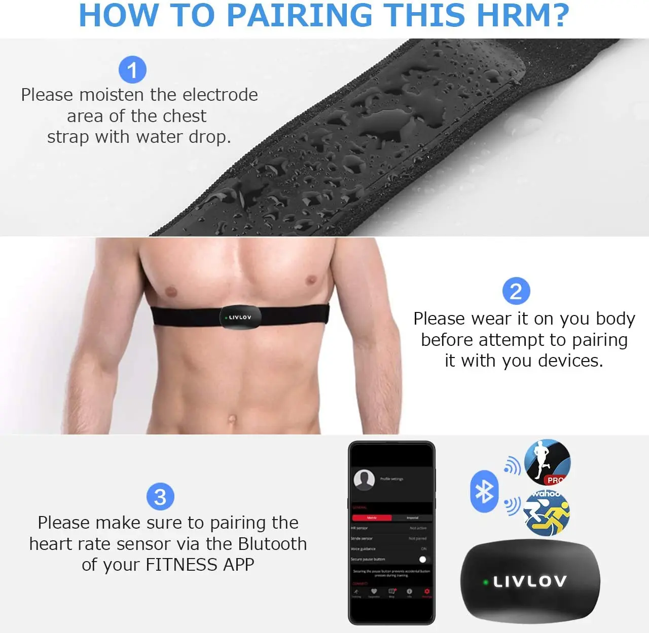 LIVLOV V3 Heart Rate Monitor Soft Chest Strap Replacement Band for Wahoo Tickr Polar H7 Garmin HRM Coospo Strava Zwift Buckle