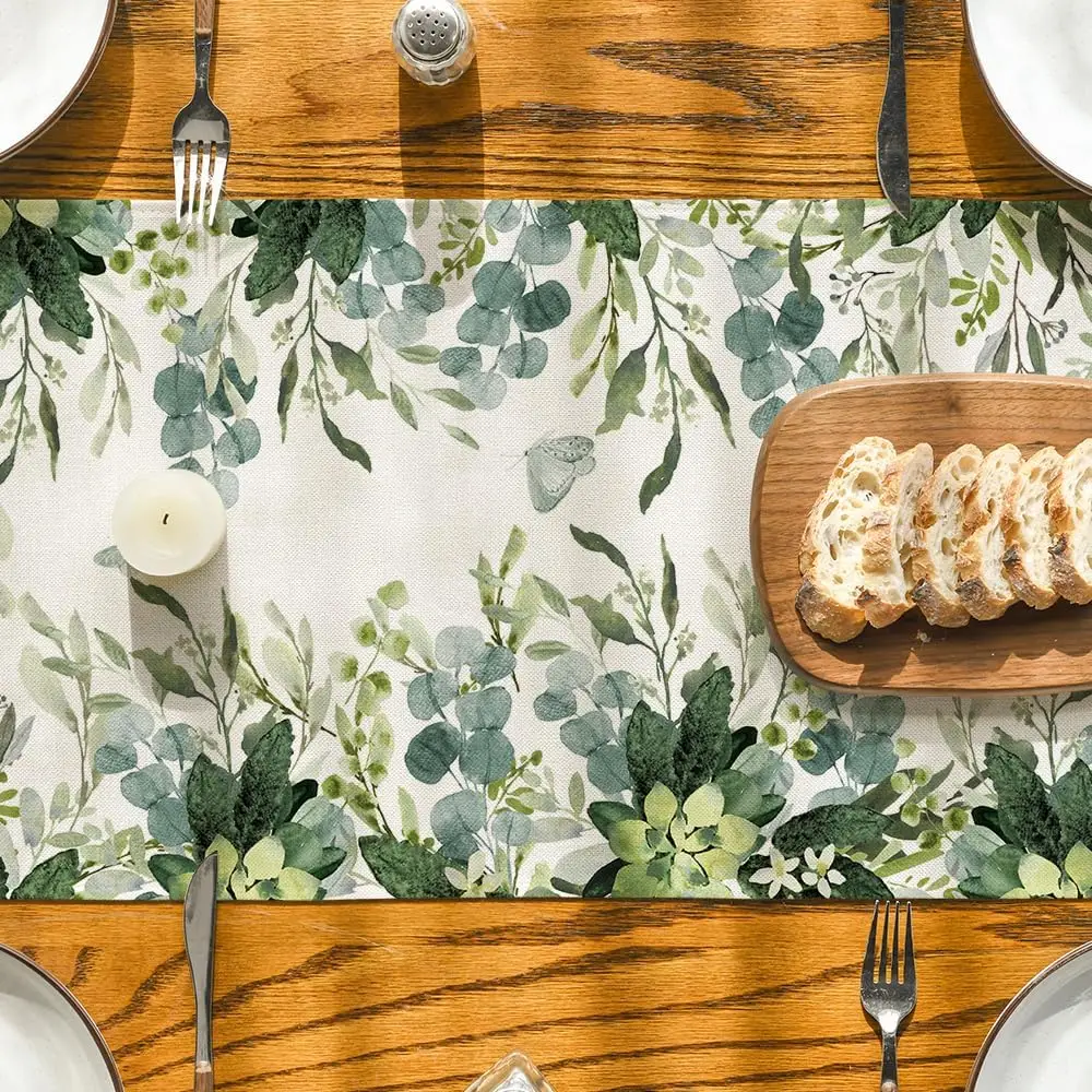 Spring Green Flowers Eucalyptus Linen Table Runner Holiday Party Decor Farmhouse Kitchen Dining Table Runner Wedding Decoration 4