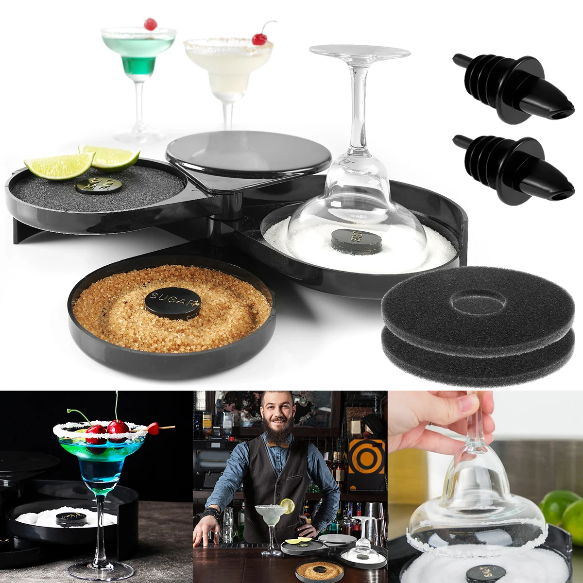 

New Salt Rimmer Set 3-Tier Foldable Bar Glass Rimmer Set for Cocktails with 2 Pourers and 3 Sponge Pad Plastic Black Sugar Salt