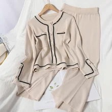 

Women Suit Knitted Cardigan + Wide Leg Pants 2-piece Set Casual O-neck 2 Pockets Casual Office Lady Elegant 2022 Spring Autumn