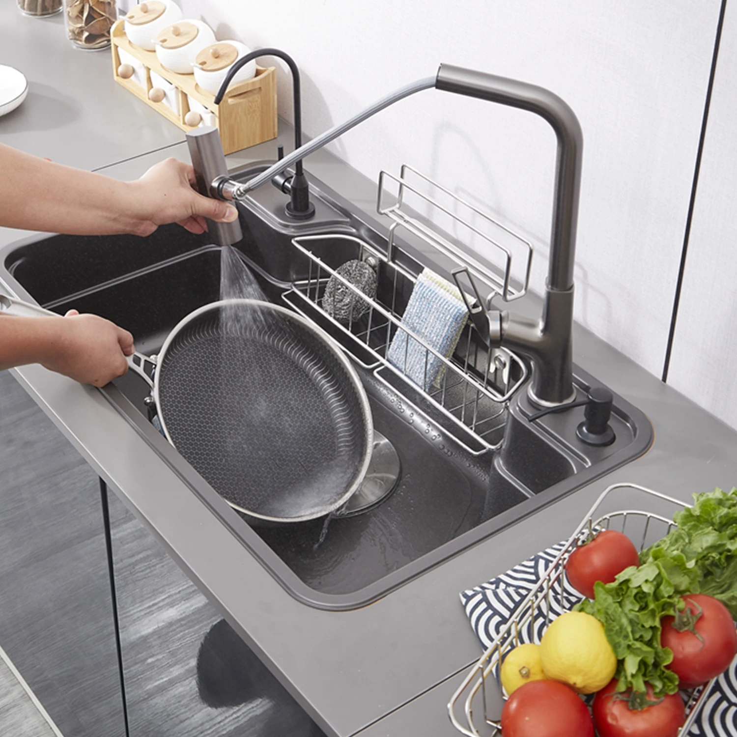 Kitchen Sinks Drop in Gray Japanese-Style Sink Single Bowl Sink with Hanging Basket, 304 Stainless Steel Workstation
