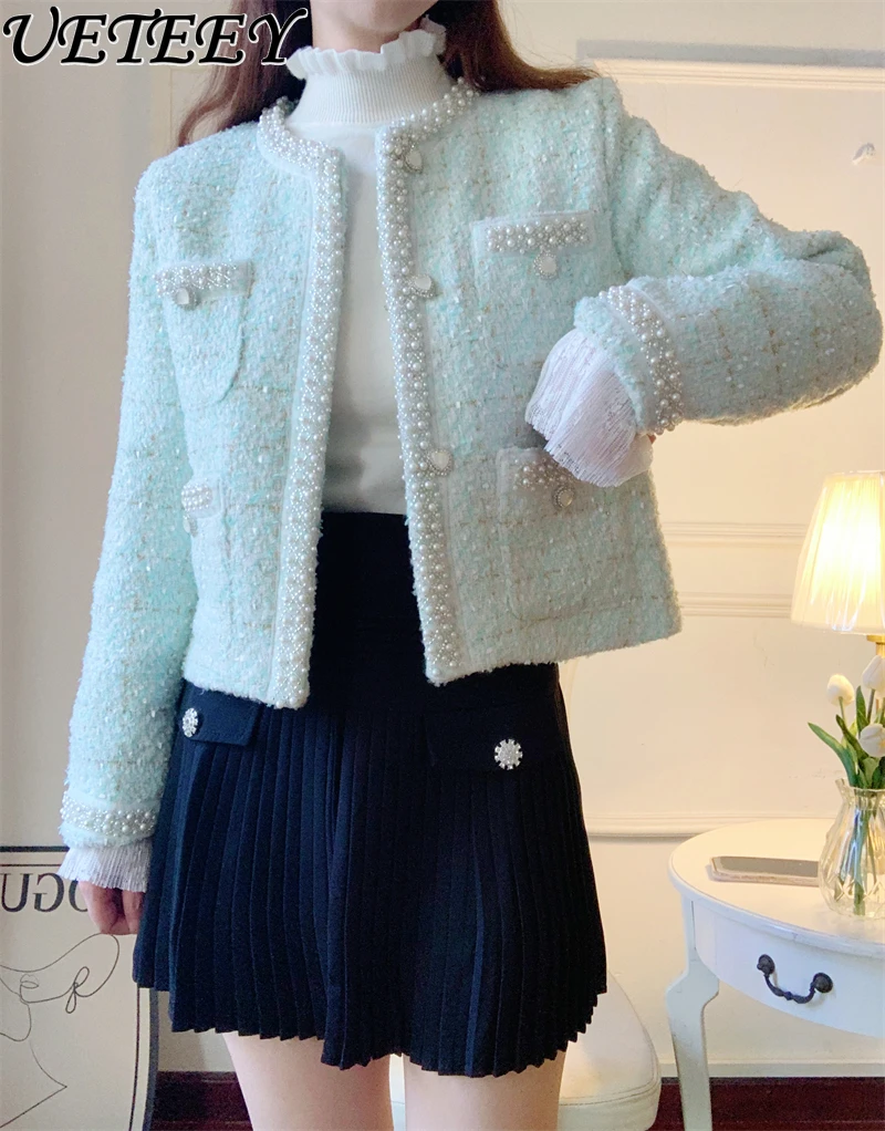 

Ladies Tweed Beaded Heavy Industry High-End Short Coat Women's Autumn Winter 2023 New Elegant Crew Neck Cropped Jacket