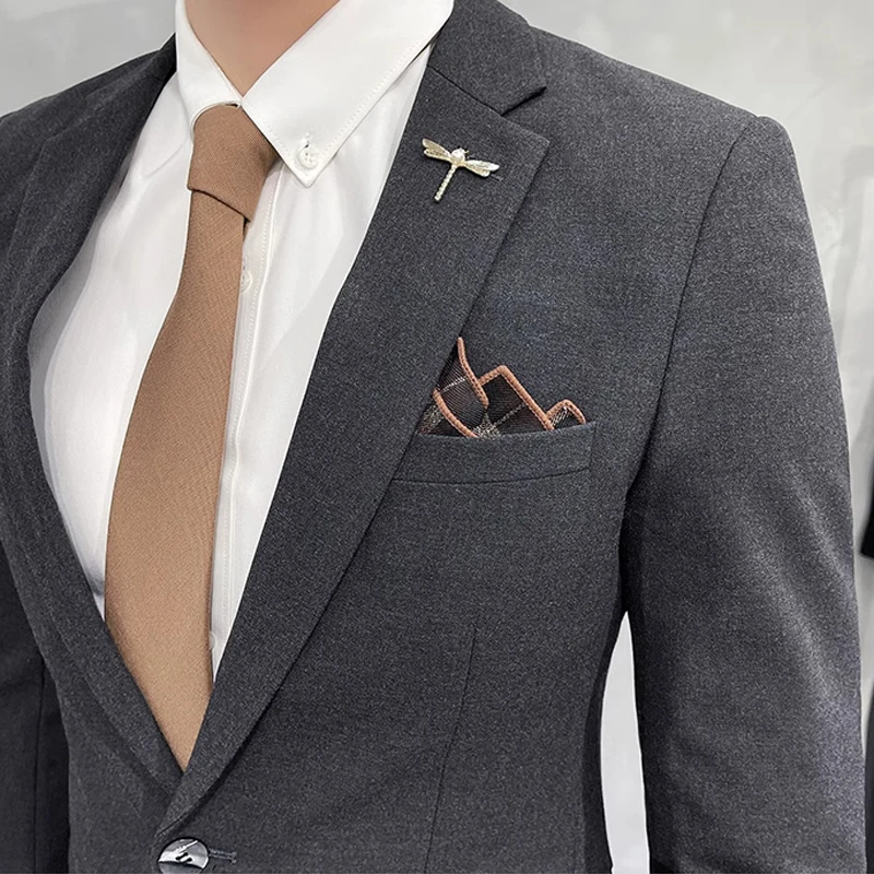 Luxury Men Blazer Spring and Autumn Fashion Men's Solid Color Casual Business Suit Jacket Groom Wedding Dress Party Suit Coat 5