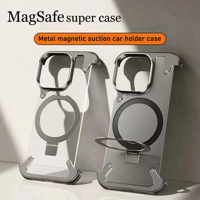 Magnetic Metal Stand Rimless Phone Case For iPhone 15 13 14 Pro Max 15 Plus Aluminum Alloy Phone Shell Frosted Matte Back Cover