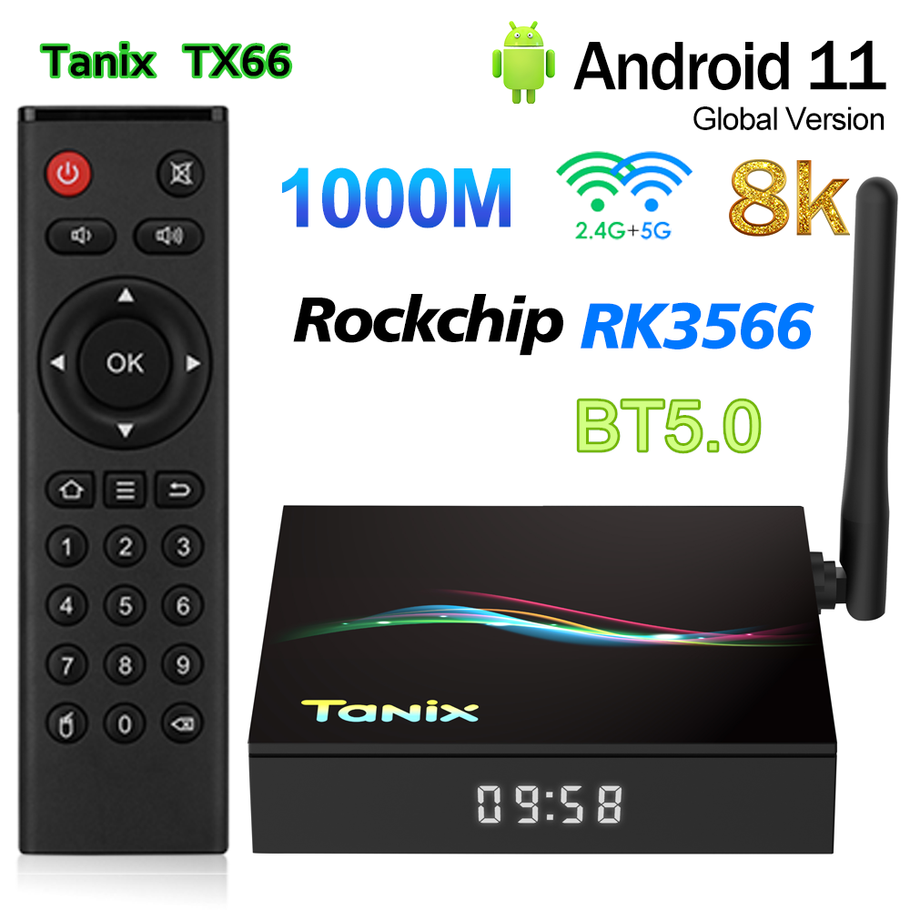 Original Tanix TX66 TV Box Android 11.0 RK3566 4GB 32GB 1000M LAN H.265 AV1 BT5.0 2.4G 5G Wifi 8K HDR Media Player Set Top Box