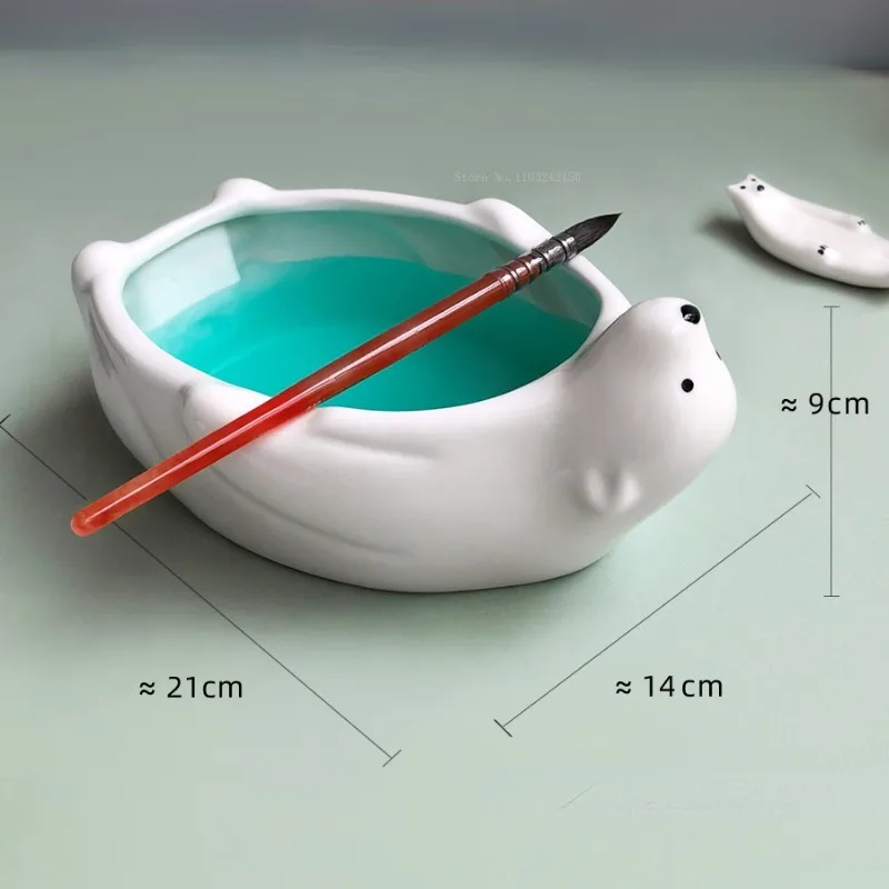 흰색 도자기 북극곰 펜 세척 펜꽂이, 수채화 미술 페인팅 도구, 팔레트 수채화 아크릴 필기 브러시 와셔