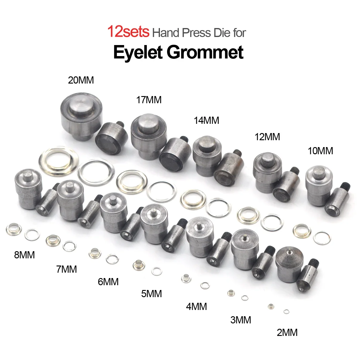 

12Sets Eyelet Grommet Mould Dies 2mm 3mm 4mm 5mm 6mm 7mm 8mm 10mm 12mm 14mm 17mm 20mm For DIY Hand Press Tool Machine