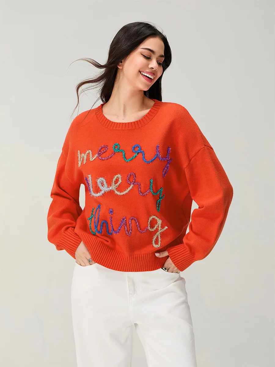 Women s Winter Holiday Striped Sweaters Cozy Knit Pullover Long Sleeve Round Neck Jumper Tops with Snowflake Embroidery