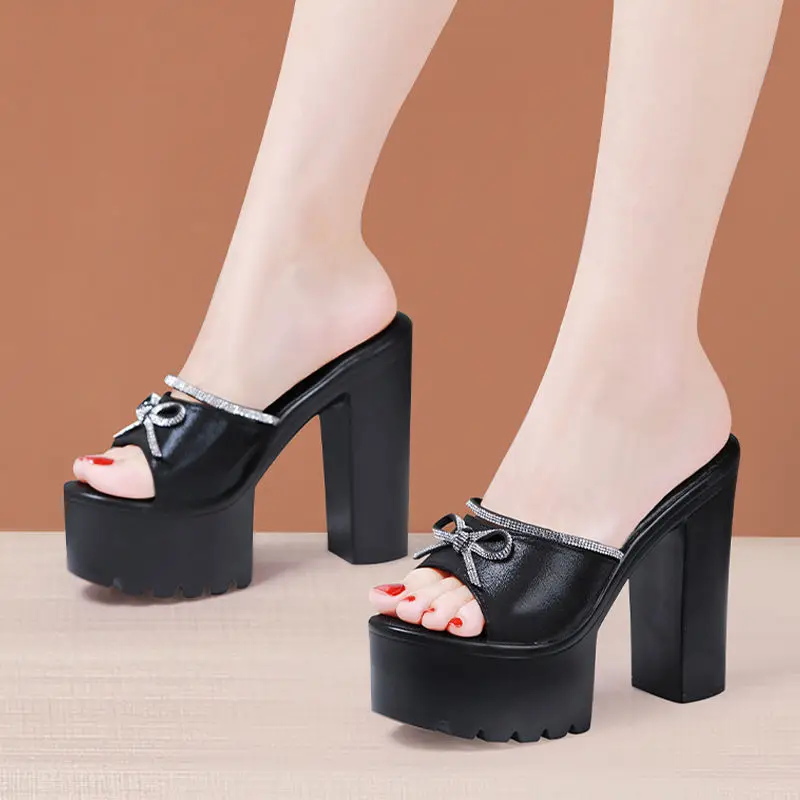 

14cm Small Big Size 32-43 Black Gold Bow Thick Bottom Chunky Platform Shoes Summer Slippers 2023 Block High Heels Slides Model