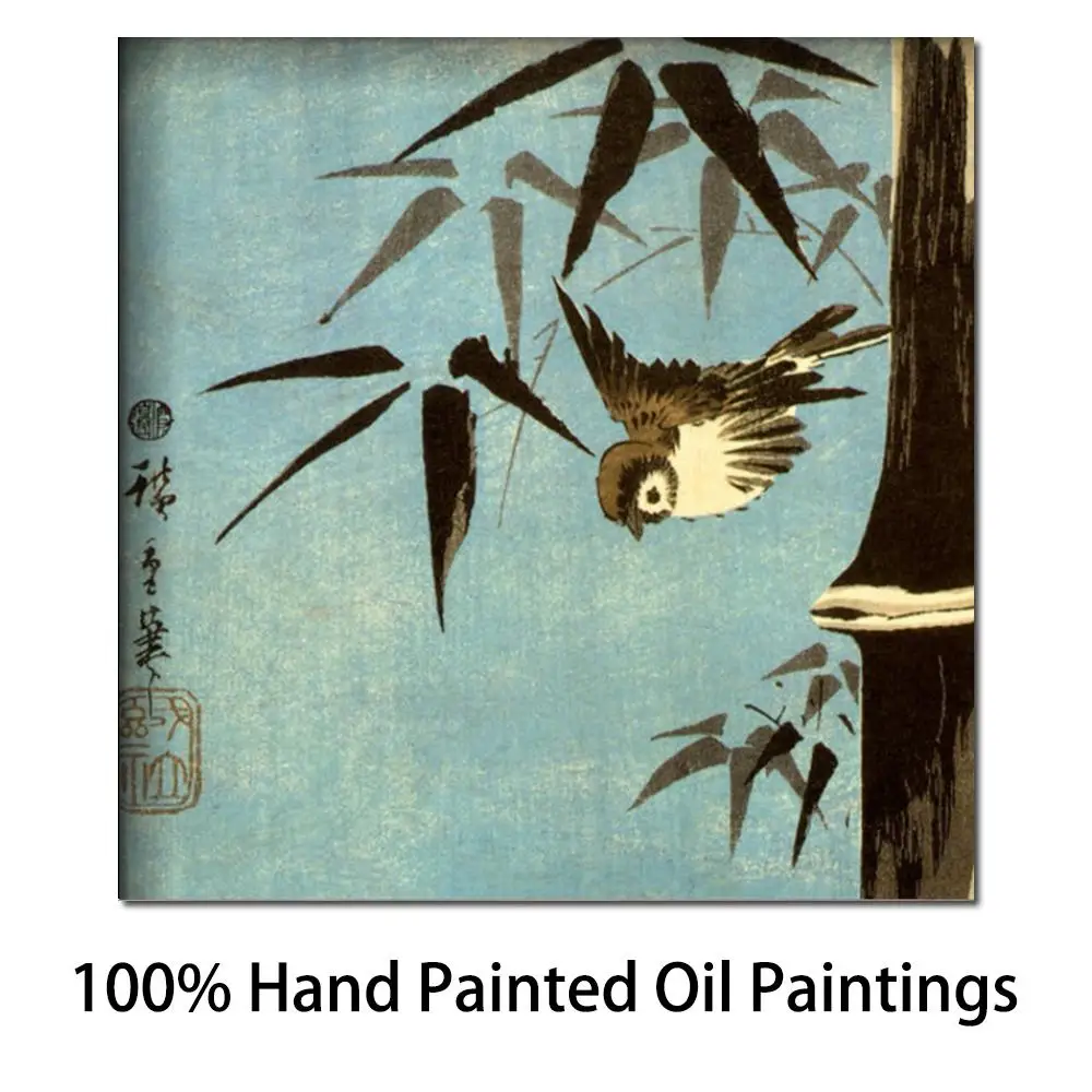 

Japanese Bird Canvas Art Wall Decor Bamboo Handmade Ando Hiroshige Painting Untitled Modern Animal Artwork High Quality Square