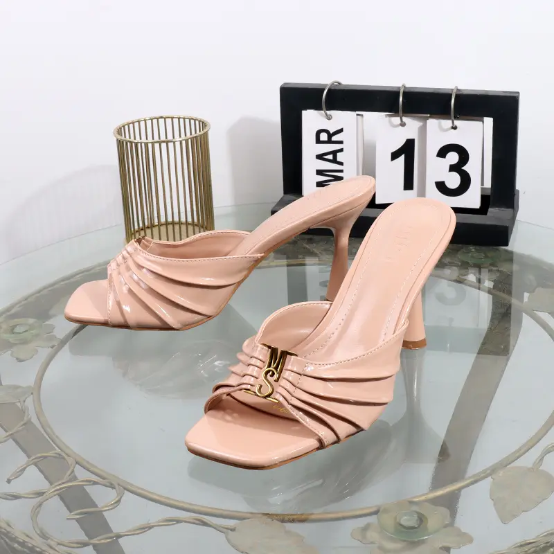 High heels 2025 summer new pleated slippers square toes metal fashion open toe sexy luxurious banquet sandals Heel height 9CM - Image 6
