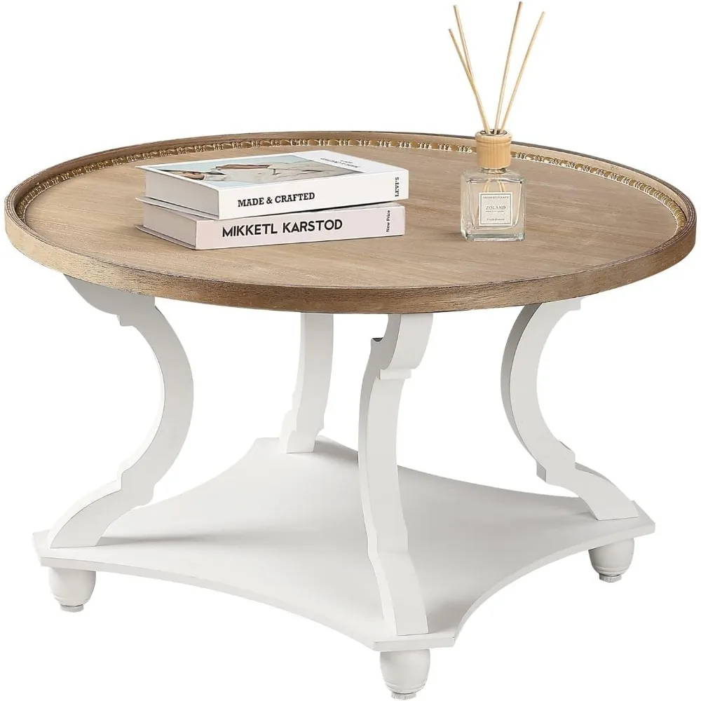 Farmhouse Round Coffee Table,  Wood Tray Top Circle Coffee Table with Storage Shelf Rustic Style 6
