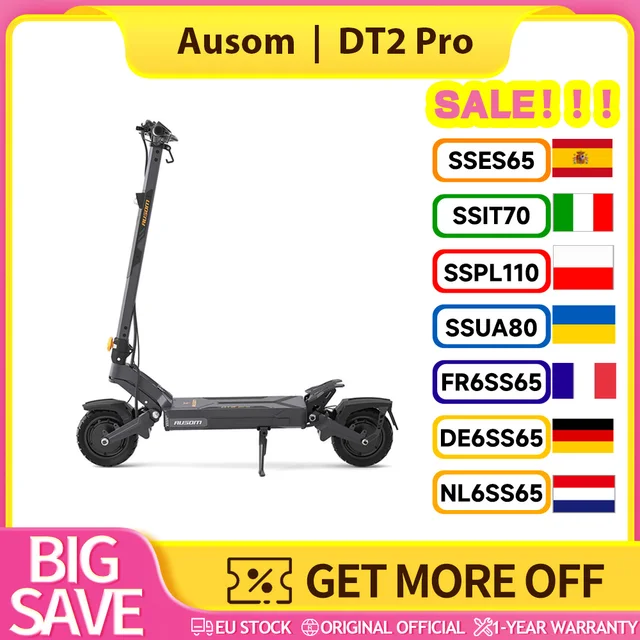 Trottinette électrique Ausom DT2 Pro, 2*1100W, 52V 23.4Ah, pneus 10*3.0 pouces, vitesse maximale 68 km/h, autonomie maximale 115 km, suspension à bras oscillant 1