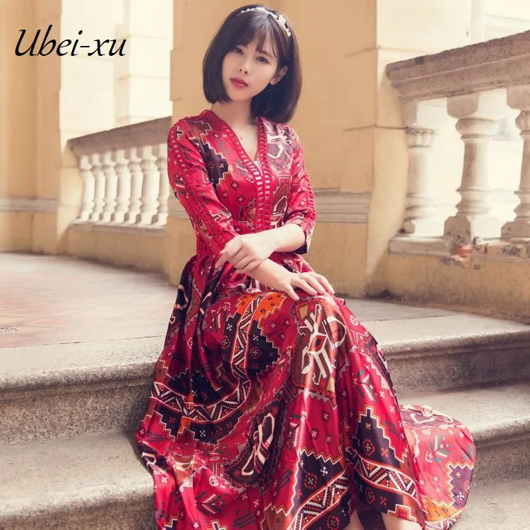 

Ubei New high waist V neck summer chiffon dress big hem holiday red print dress fashion hollow out half sleeve maxi dress