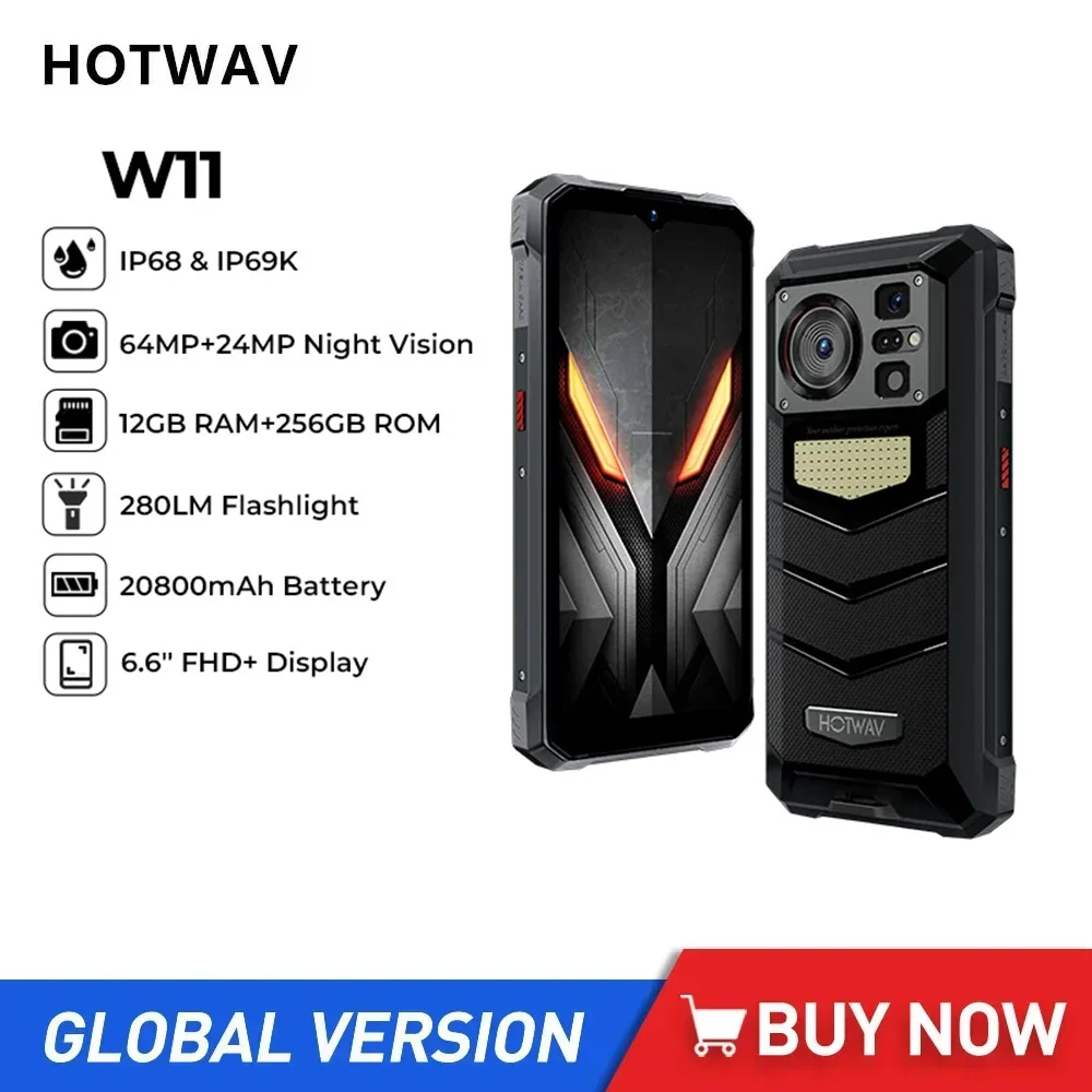 

HOTWAV W11 Rugged 4G Smartphone 6.6Inch FHD+ Octa Core 12GB+256GB Android 13 Mobile Phone 20800mAh Battery 33W Fast Charging NFC