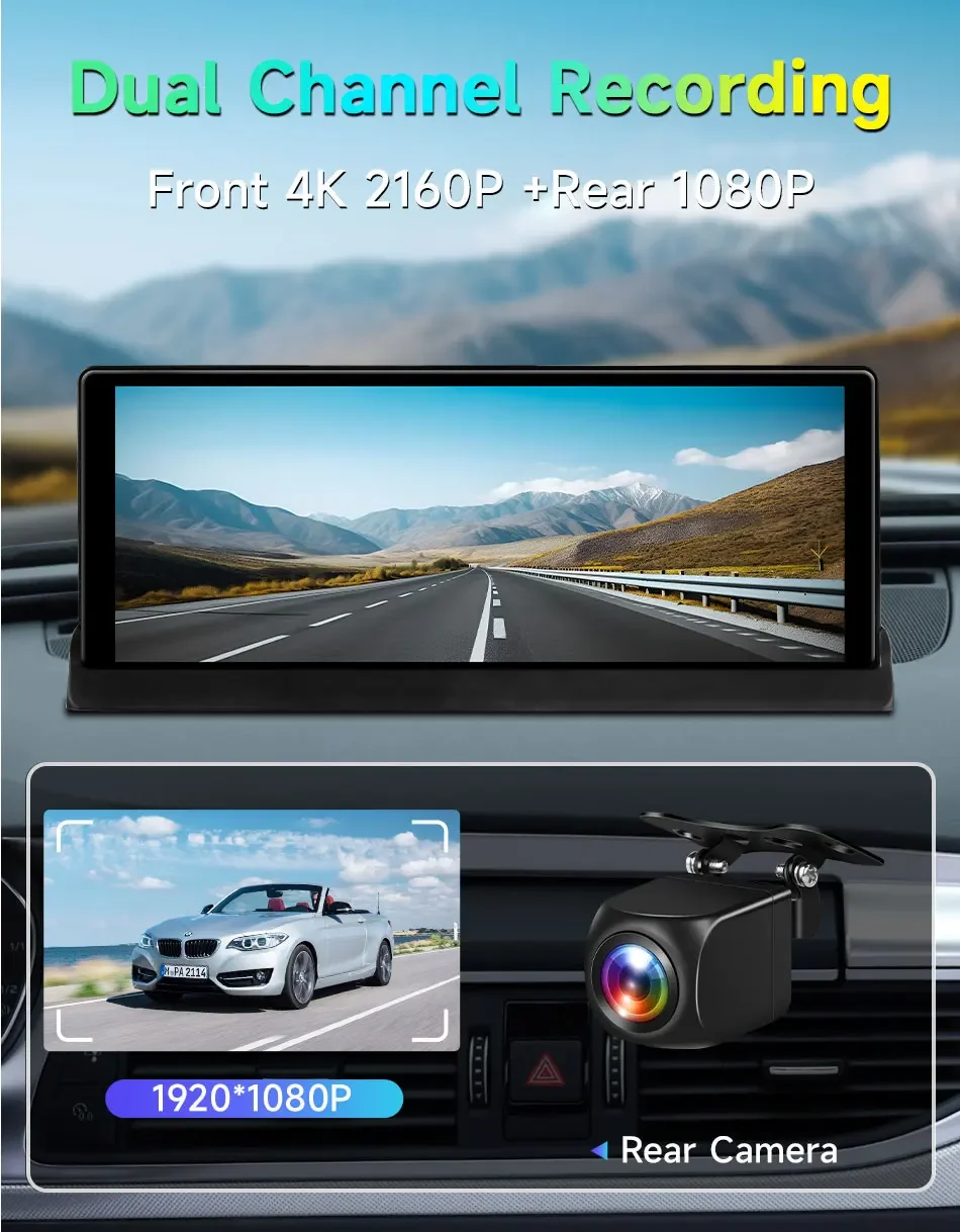 10,26'' 4K Dashcam 360 ° Drehbare Linse Auto DVR Drahtlose Carplay Android Auto GPS Navigation Video Recorder Dashboard FM AUX – Detail 4