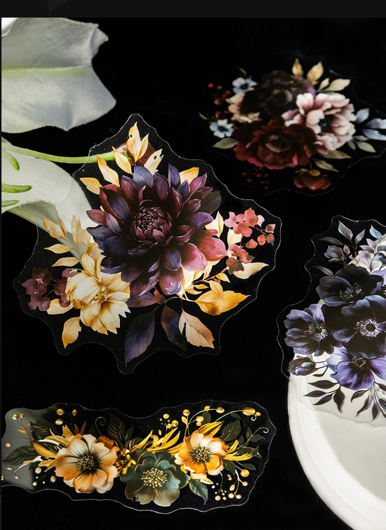 20 Blatt große PET-Aufkleber mit dunklen Blumen, dekoratives handgefertigtes Material, Tagebuch, Album, Basteln, Scrapbooking-Zubehör – Detail 8