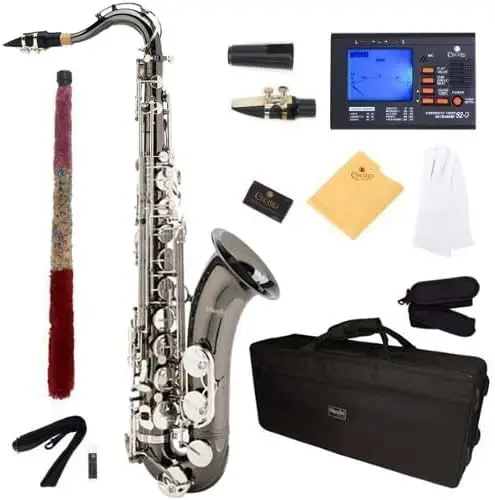 by Cecilio Tenor Saxophone, L+92D B Flat, Case, Tuner, Mouthpiece, Black with Nickel Keys
