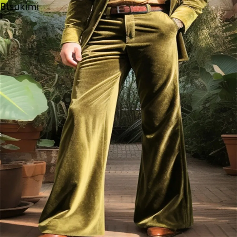 Fashion New Men's Velvet Flared Pants Vintage Solid Color Wide Leg Pants Casual Vacation Formal Suit Male Streetwear