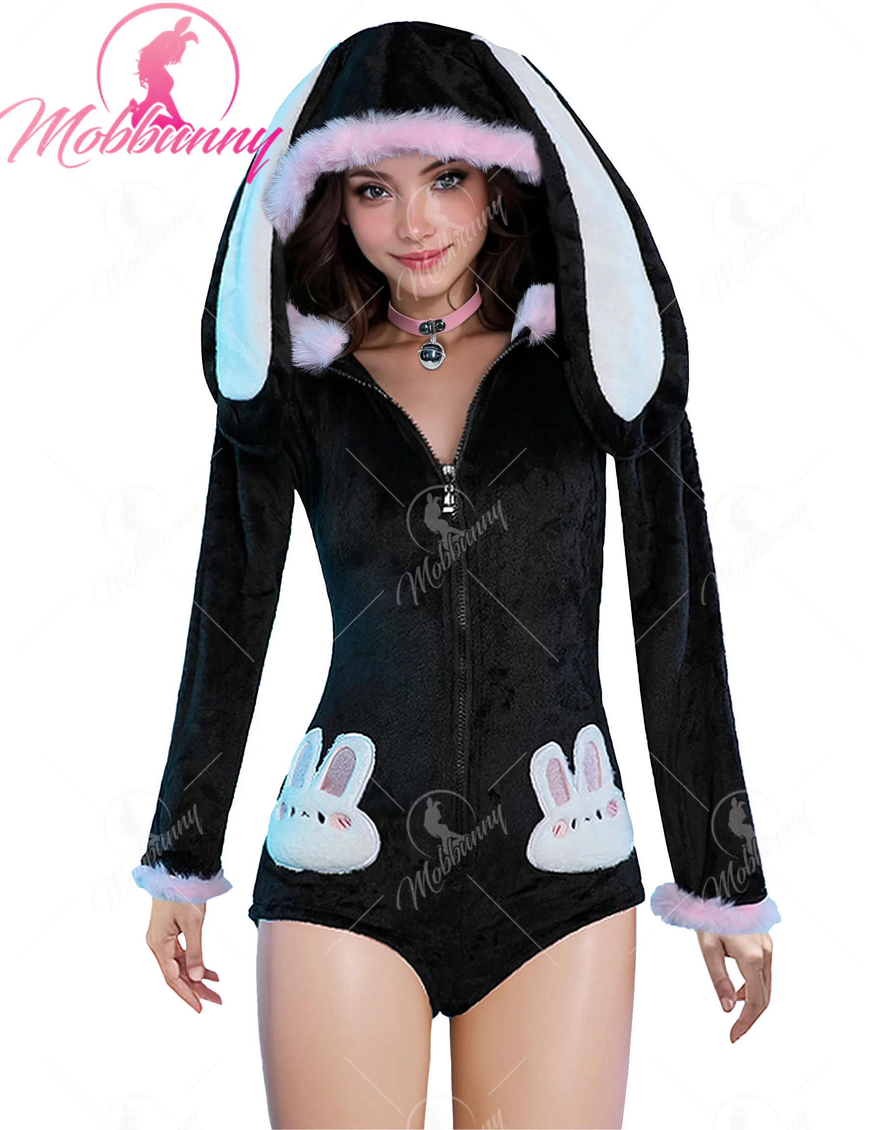 

Mobbunny Women Cute Bunny Furry Bodycon Romper Kawaii Black Rabbit Bodysuit with Choker Tail and Stocks Cosplay Costumes