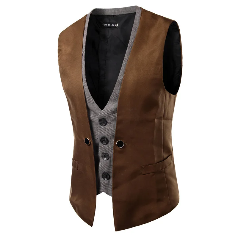 

New Slim Fit Spring and Autumn Vests Men's Personality Splicing Fake Two Tops Single-Breasted Casual Splice Vest Cotton Cardigan