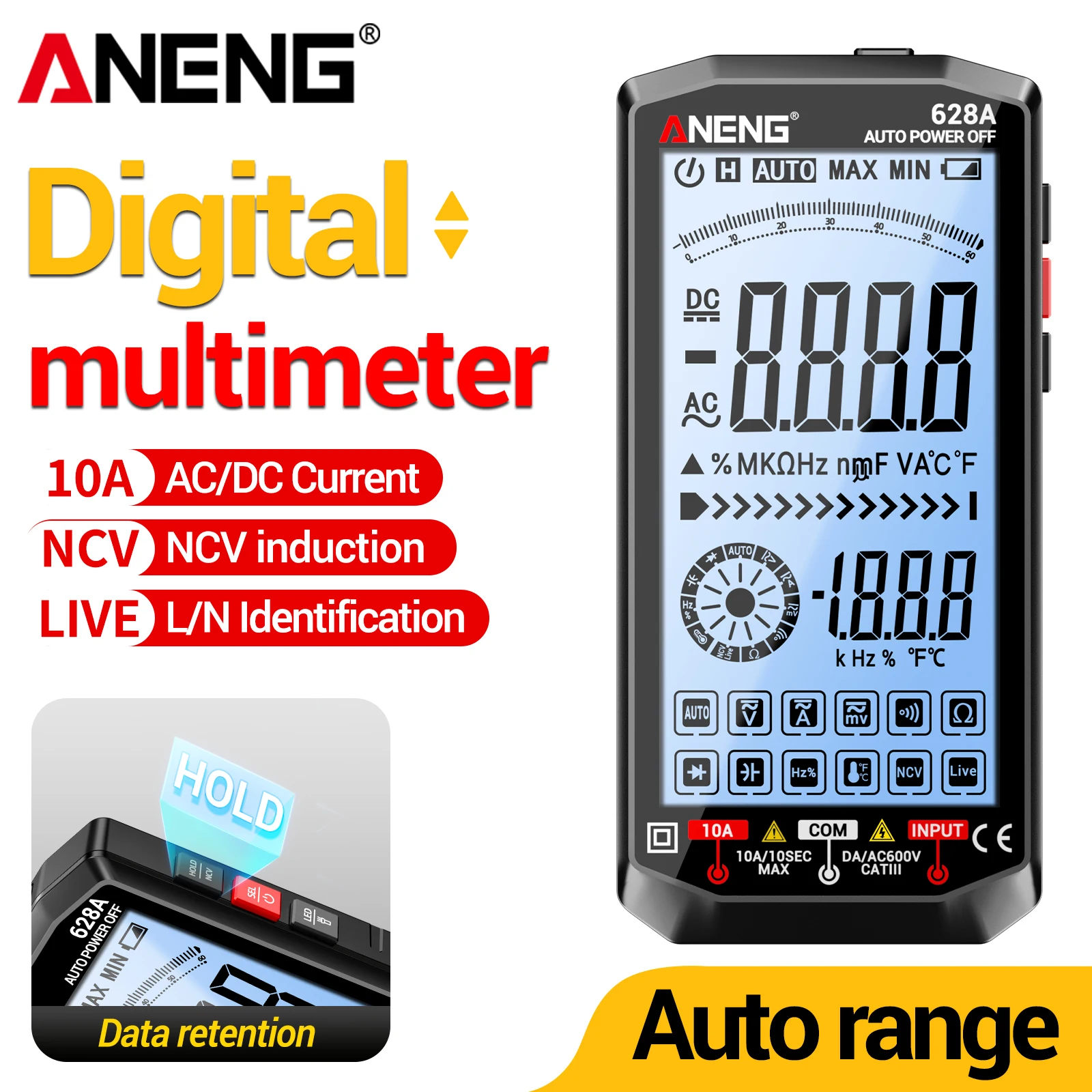 ANENG 628A 디지털 멀티미터 1000V AC/DC 전압 10A 전류 6000 카운트 온도 정전용량 주파수 측정