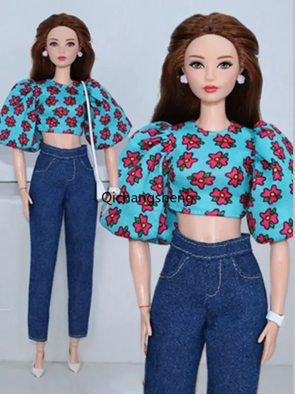 Floral Puff Sleeve Shirt Crop Top Jeans Pants 1/6 Doll Outfits For Barbie Clothes Set 11.5