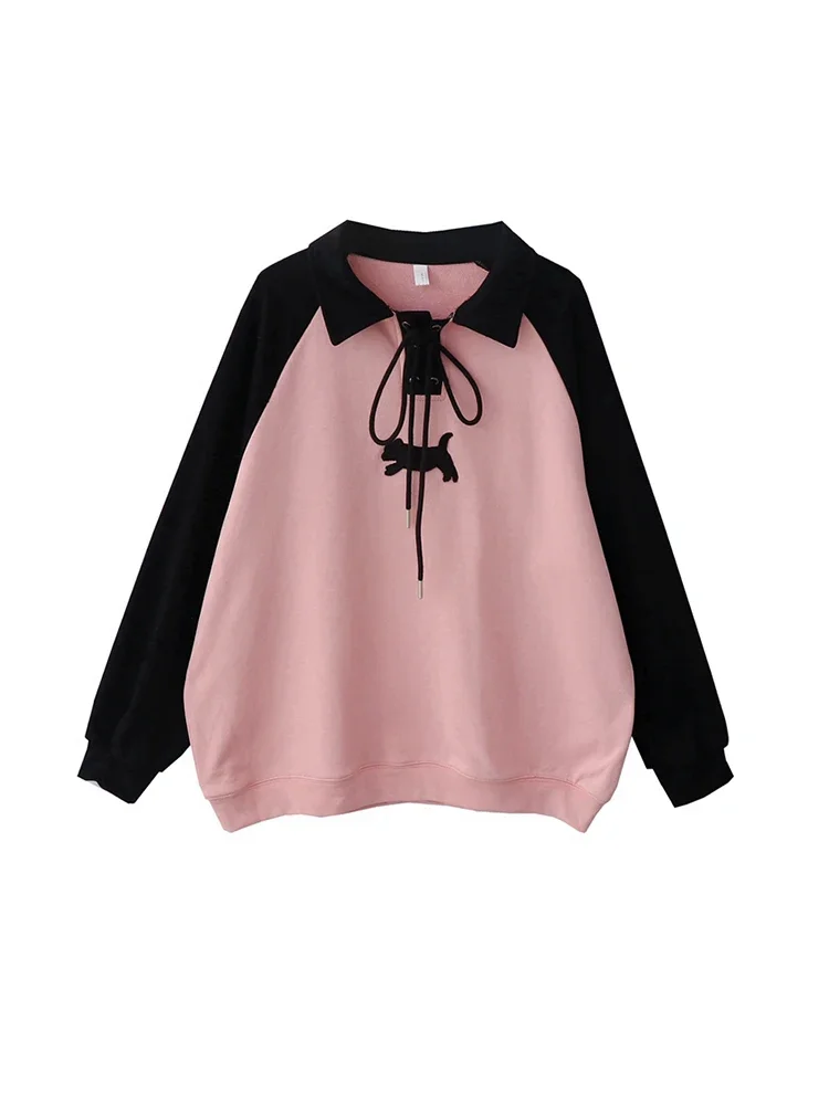 

Women's Patchwork Black Long Sleeve Sweatshirt Streetwear 90s Vintage Harajuku Korean Fashion Pullover with Collar 2000s Clothes
