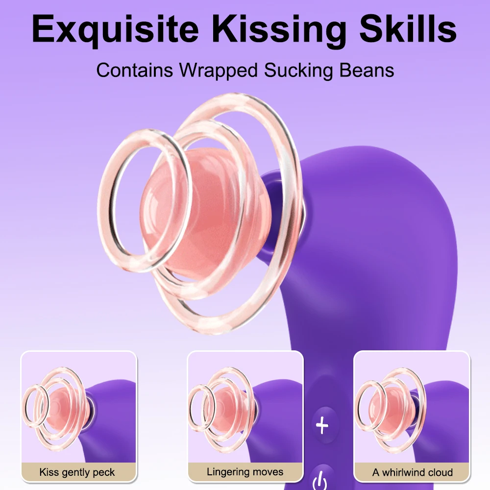 Vaikne nibude stimuleerija, lilla värvi elegantse disainiga, kasutab õhkõrnu stimulatsiooniringe roosa keskpunkti ümber. Taust on pehme lilla, rõhutades seadme moodsaid jooni.