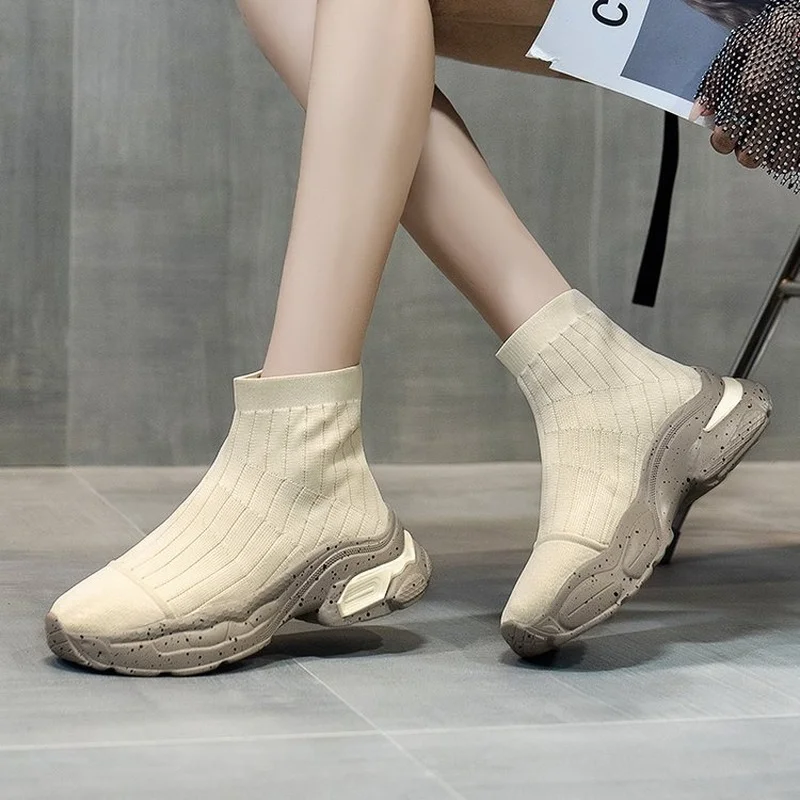 Women Shoes Fashion Knitted Breathable Platform Sports Shoes Outdoor Casual Shoes Platform Soft Sole Comfortable Walking Shoes